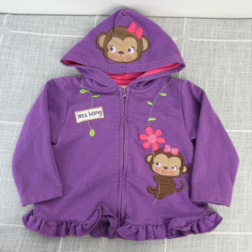 Y2K WeePlay 12 Months Purple Full Zip Hoodie Monkey Flowers Pink "Lets Hang"